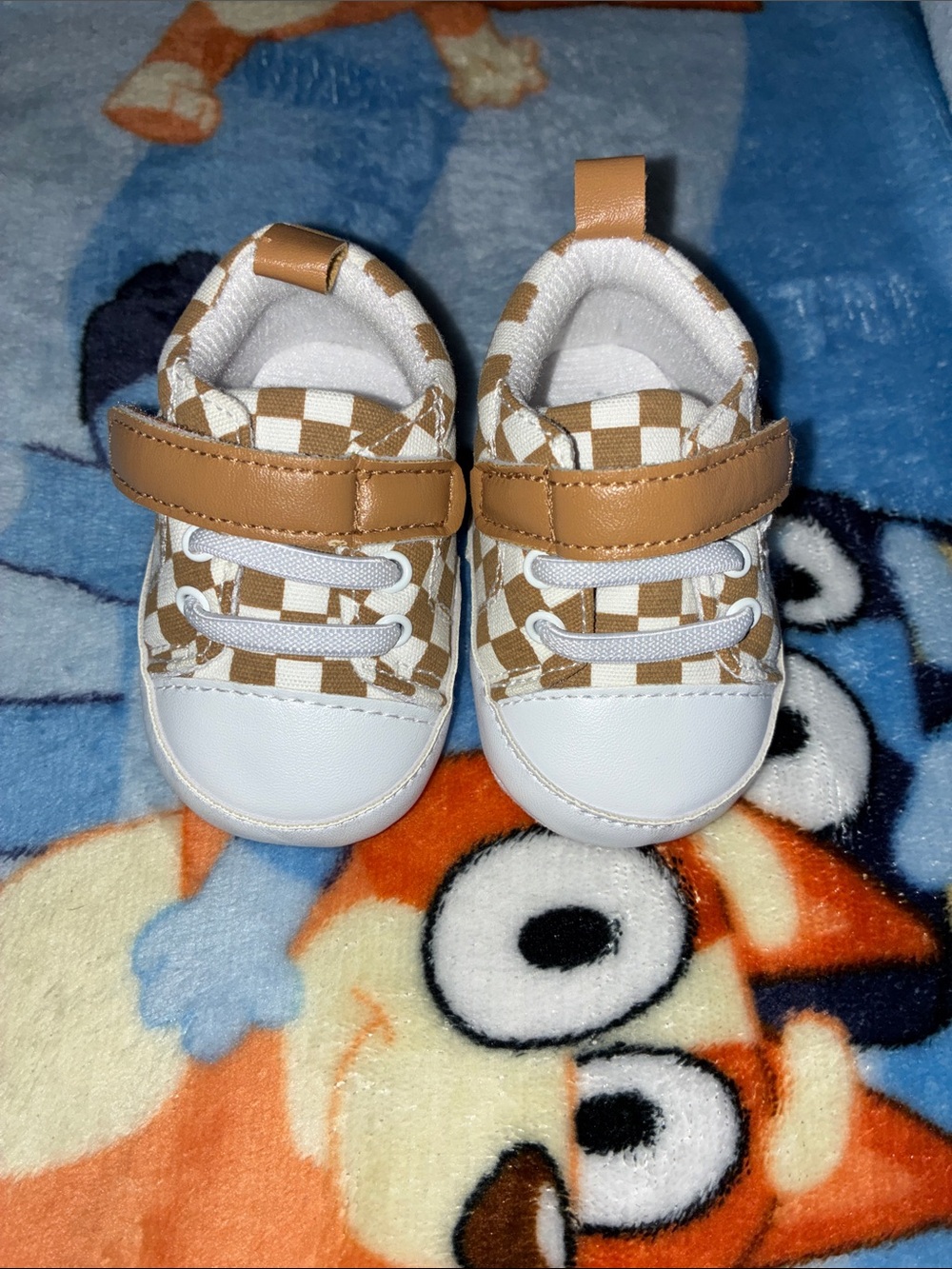 Little Me Tan and White Checkered Baby Walker Shoes